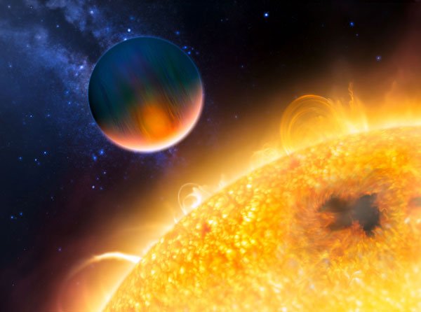 Wizja artystyczna egzoplanety typu gazowego olbrzyma przechodzącej blisko powierzchni swojej gwiazdy macierzystej.