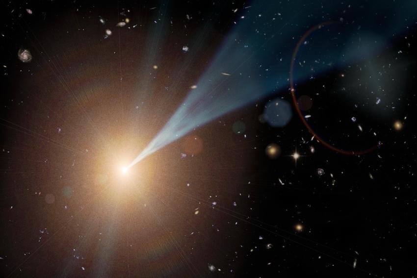 Wizja artystyczna pokazująca aktywną supermasywną czarną dziurę ze strumieniem wystrzeliwanym na zewnątrz z prędkością niemalże światła.