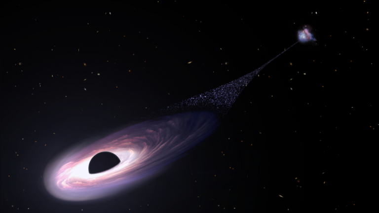 Wizja artystyczna uciekającej supermasywnej czarnej dziury, która została wyrzucona z macierzystej galaktyki