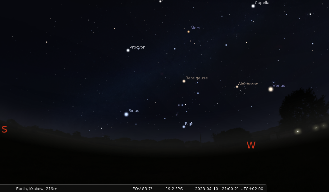 Na ilustracji: Południowo-wschodnie niebo, 10 kwietnia 2023 r., godz. 21. Źródło: Stellarium.