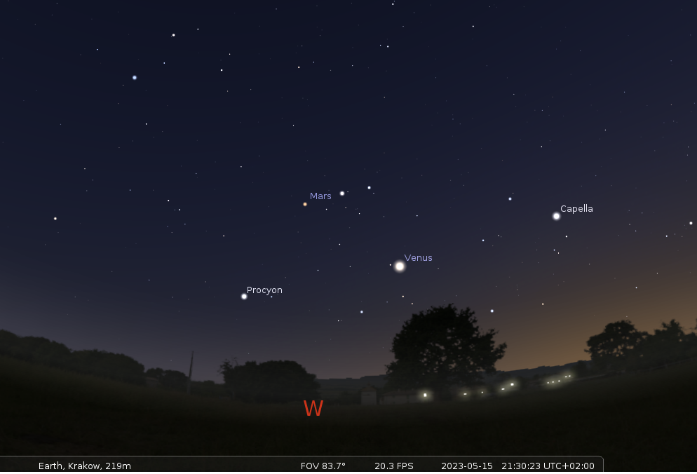 Na ilustracji: Zachodnie niebo nad Krakowem, 15 maja 2023 r., godz. 21:30. Źródło: Stellarium.