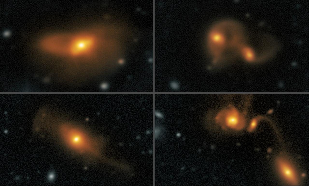 Przykładowe obrazy kwazarów ukazujące zniekształcone struktury.