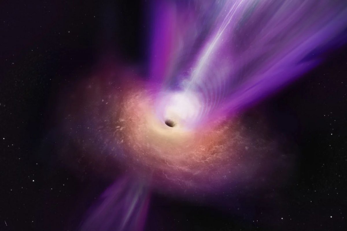 Wizja artystyczna pokazująca zbliżenie na przepływ akrecyjny i strumień wyłaniający się z regionu czarnej dziury w M87.