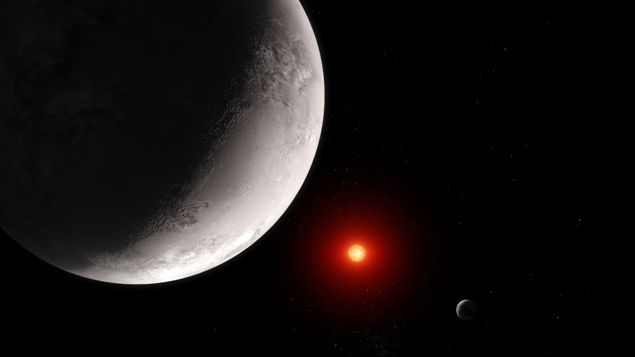Na ilustracji wizja artystyczna egzoplanety TRAPPIST-1 c według aktualnego stanu wiedzy (nie jest to zdjęcie zrobione za pomocą Teleskopu Webba!). Jest to druga planeta w układzie planetarnym TRAPPIST-1 składającym się z 7 planet, która orbituje wokół gwiazdy-czerwonego karła z okresem 2,42 dni ziemskich w odległości 2,4 mln km. Obserwacje w podczerwieni 15μm za pomocą Teleskopu Webba wskazują, że albo to jest planeta czysto skalista, albo otoczona bardzo rzadką atmosferą CO2. Źródło: NASA, ESA, CSA