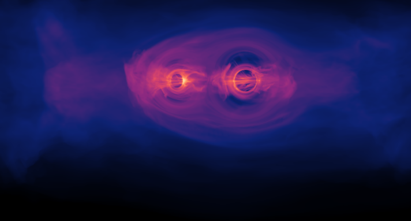 Gdy galaktyki się łączą, łączą się też ich supermasywne czarne dziury. Ostatnie etapy takiej fuzji pokazano w tej symulacji. Źródło: NASA's Goddard Space Flight Center / Scott Noble / d'Ascoli et al. 2018