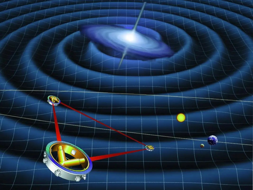 Wizja artystyczna kosmicznego eksperymentu LISA wykrywającego fale grawitacyjne.