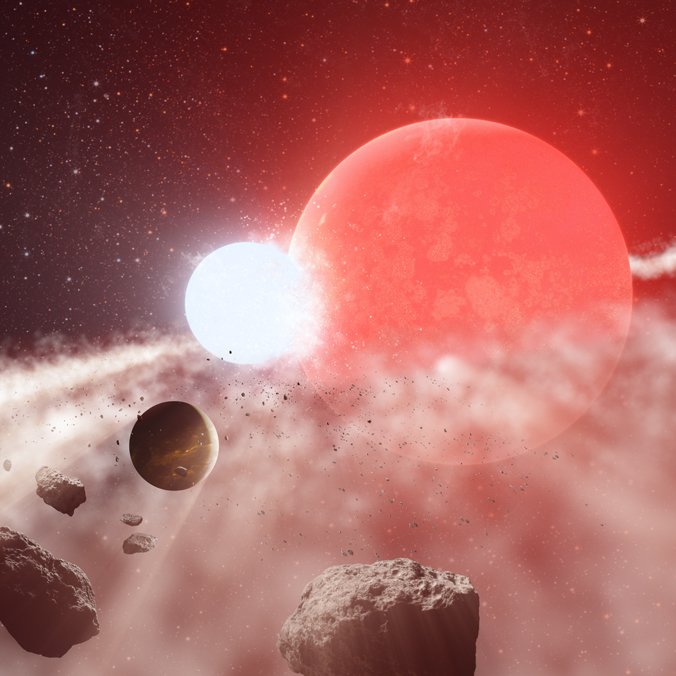 Wizja artystyczna planet niszczonych przez puchnącą gwiazdę.
