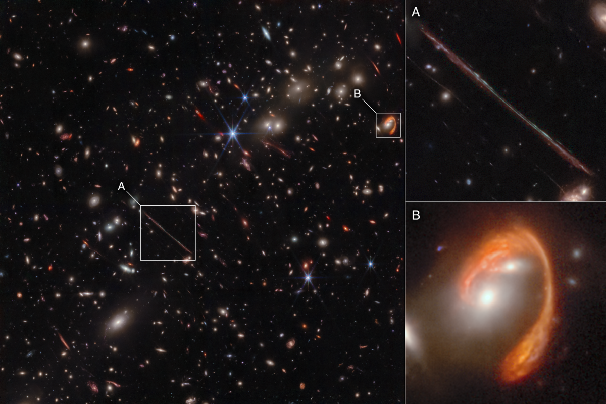 Na ilustracji: Urzekające zdjęcie w bliskiej podczerwieni gromady galaktyk El Gordo („Grubas”) sfotografowane przez Teleskop Webba, na którym widać setki galaktyk o niespotykanej wyrazistości. Działając jako soczewka grawitacyjna, El Gordo zakrzywia i wzmacnia światło odległych galaktyk tła, które nie były widziane nigdy wcześniej z tak unikalną szczegółowością. Najważniejsze z nich to soczewkowane galaktyki tła takie, jak La Flaca, czy El Anzuelo.  Źródło: NASA, ESA, CSA