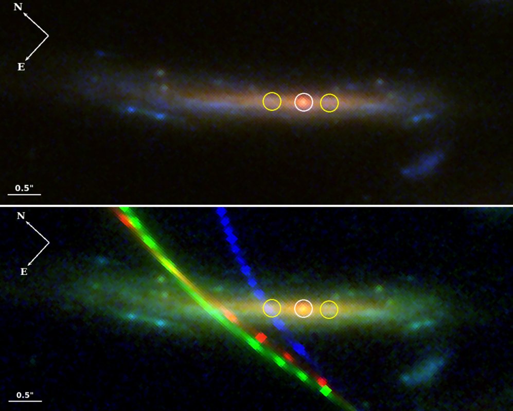 Na ilustracji: Zdjęcie w podczerwieni z Teleskopu Webba prezentuje ekstremalnie powiększony przez soczewkowanie grawitacyjne obraz kandydata na czerwonego nadolbrzyma zaznaczonego w białym okręgu, który nazwano Quyllur - co w języku keczua oznacza gwiazdę. Źródło (CC BY 4.0): Diego, J. M., i inni A&A 672, A3 (2023)