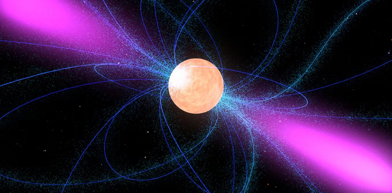 Artystyczna wizja gwiazdy neutronowej i jej pola magnetycznego