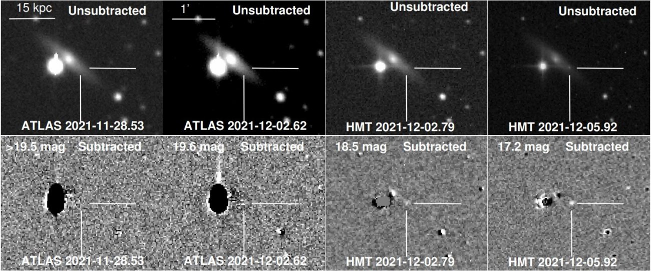Górne panele: Obrazy wczesnej fazy pola SN 2021agco obserwowane przez ATLAS i Teleskop Półmetrowy (HMT). Dolne panele: Obrazy pozostałości z wzorcem galaktyki macierzystej odjętym od obserwacji. Źródło: arXiv (2023). DOI: 10.48550/arxiv.2310.04827