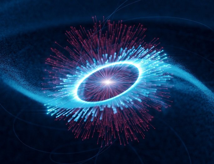 Naukowcy uważają, że energie fotonów światła podczerwonego z biegunów pulsara są wzmacniane do energii promieniowania gamma (niebieskiego) przez ultra-relatywistyczne elektrony. CREDIT: Science Communication Lab for DESY.
