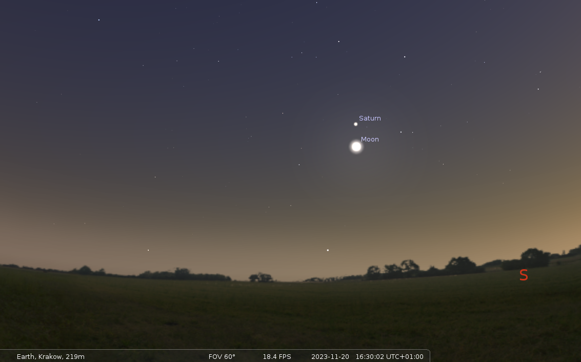 Na ilustracji: Księżyc i Saturn nad Małopolską, niebo południowe. 20 listopada 2023, godzina 16:30. Źródło: Stellarium.org.