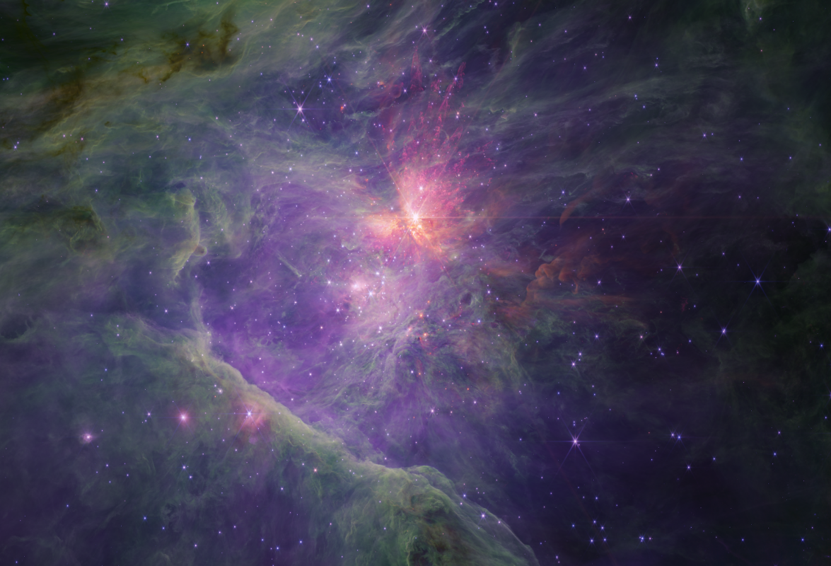 Na ilustracji: Unikalny widok centralnej części Mgławicy Oriona (M42) i Gromady Trapez w kamerze NIRCam współpracującej z Teleskopem Webba. Ta mozaika zdjęć w bliskiej podczerwieni (sześć filtrów o średnich długościach fali λ ~ 2,77–3,00–3,35–3,60–4,44–4,70μm). Obszar na tym zdjęciu odpowiada rozmiarom 4 x 2,75 l.św. przy odległości do M42 wynoszącej ponad 1300 l.św. Źródło (CC BY-SA 3.0 IGO): NASA, ESA, CSA / M. McCaughrean, S. Pearson
