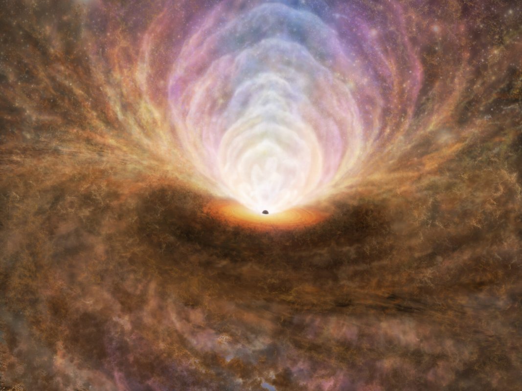 Ilustracja przedstawiająca rozkład ośrodka międzygwiazdowego w aktywnym jądrze galaktycznym na podstawie wyników tej obserwacji.