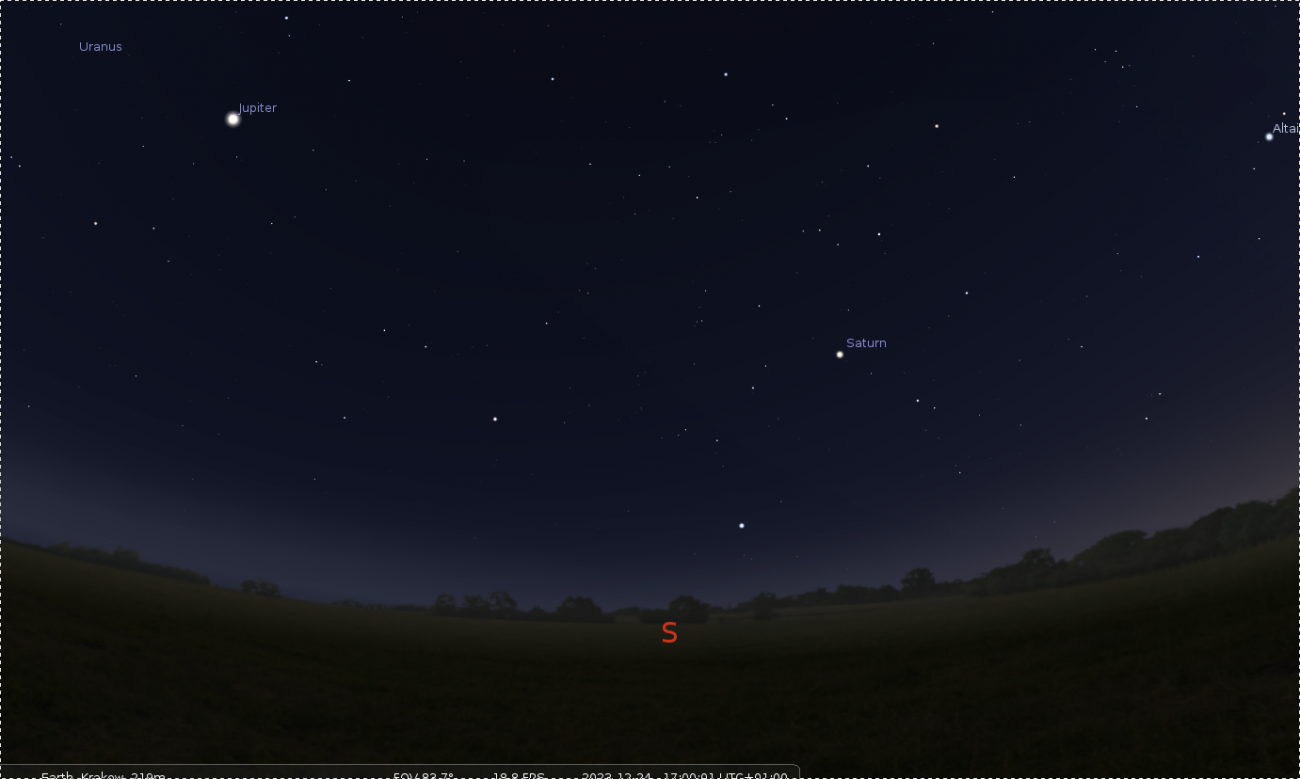 Wieczorne południowe niebo nad Małopolską, 24 XII 2023 r. o godzinie 17. Źródło: Stellarium.org