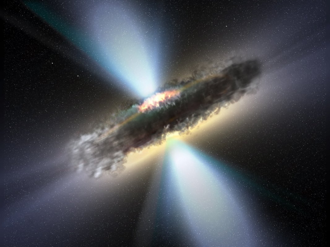 Wizja artystyczna grubego torusa pyłowego otaczającego supermasywne czarne dziury i dyski akrecyjne.