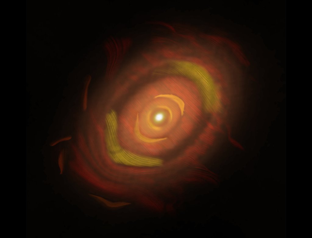Pierścienie pyłu otaczające HL Tauri, z wzorami linii pokazującymi orientację spolaryzowanego światła.