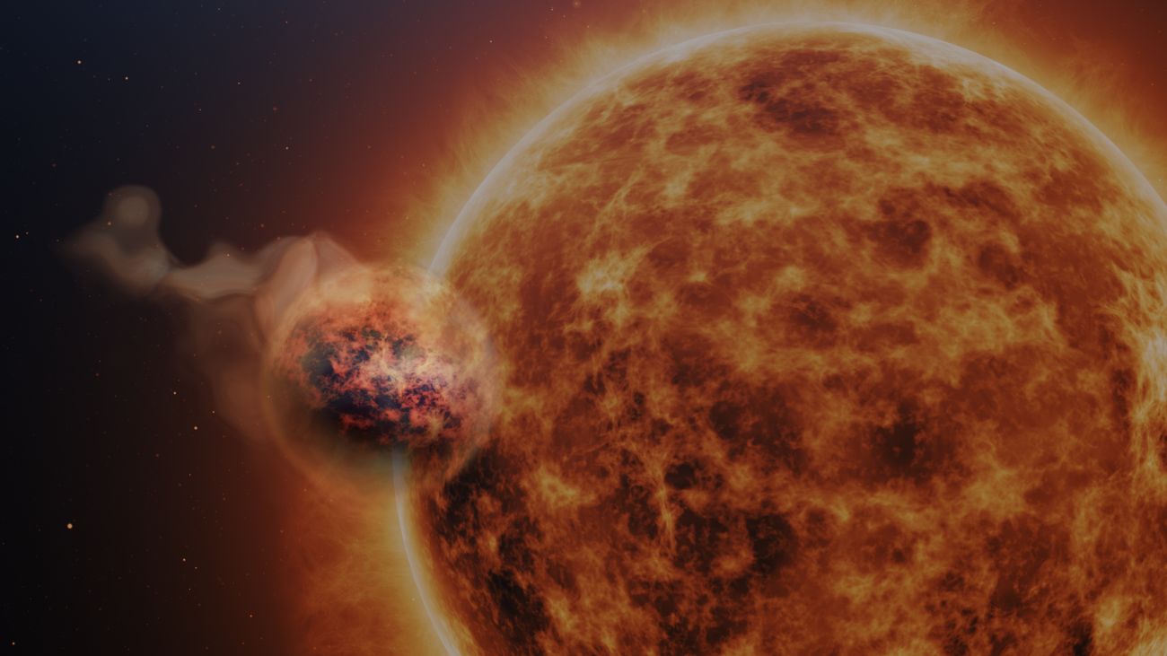 Wizja artystyczna egzoplanety WASP-107b i jej gwiazdy macierzystej.