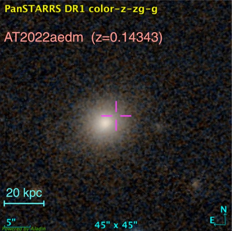 Galaktyka macierzysta LEDA 1245338 (SDSS J111927.73+030632.7), w której zaobserwowano zjawisko przejściowe AT2022aedm. Pozycja AT2022aedm w tej galaktyce jest wskazana krzyżykiem. Warto zauważyć, iż galaktyka macierzysta ma kształt eliptyczny i jest „nudna” - bez ramion spiralnych lub obłoków gazowych. AT2022aedm znajduje się poza centrum tej galaktyki macierzystej. Oprac na podstawie rys.5 M. Nicholl et al 2023 ApJL 954 L28