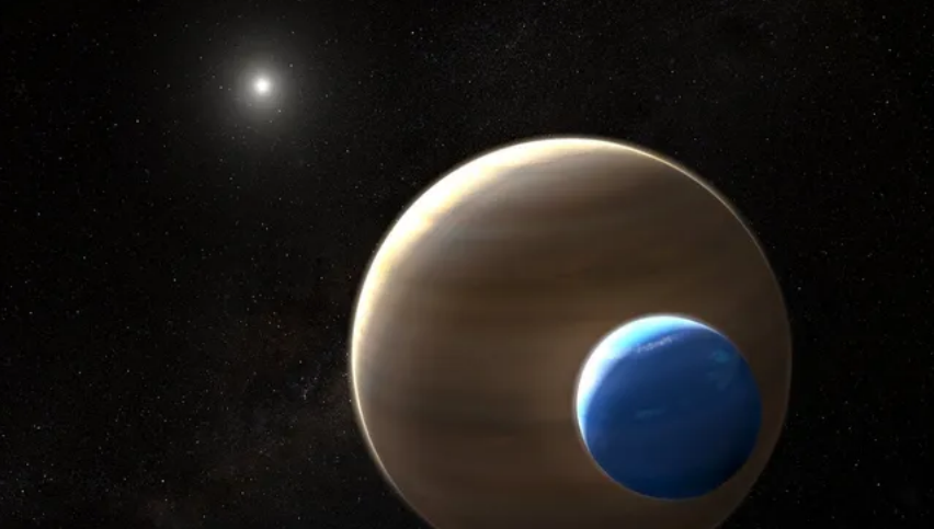 Artystyczne wyobrażenie kandydata na egzoksiężyc Kepler-1625b-i, okrążanej przez niego planety i gwiazdy znajdującej się w centrum układu. (NASA, ESA, and L. Hustak (STScI)