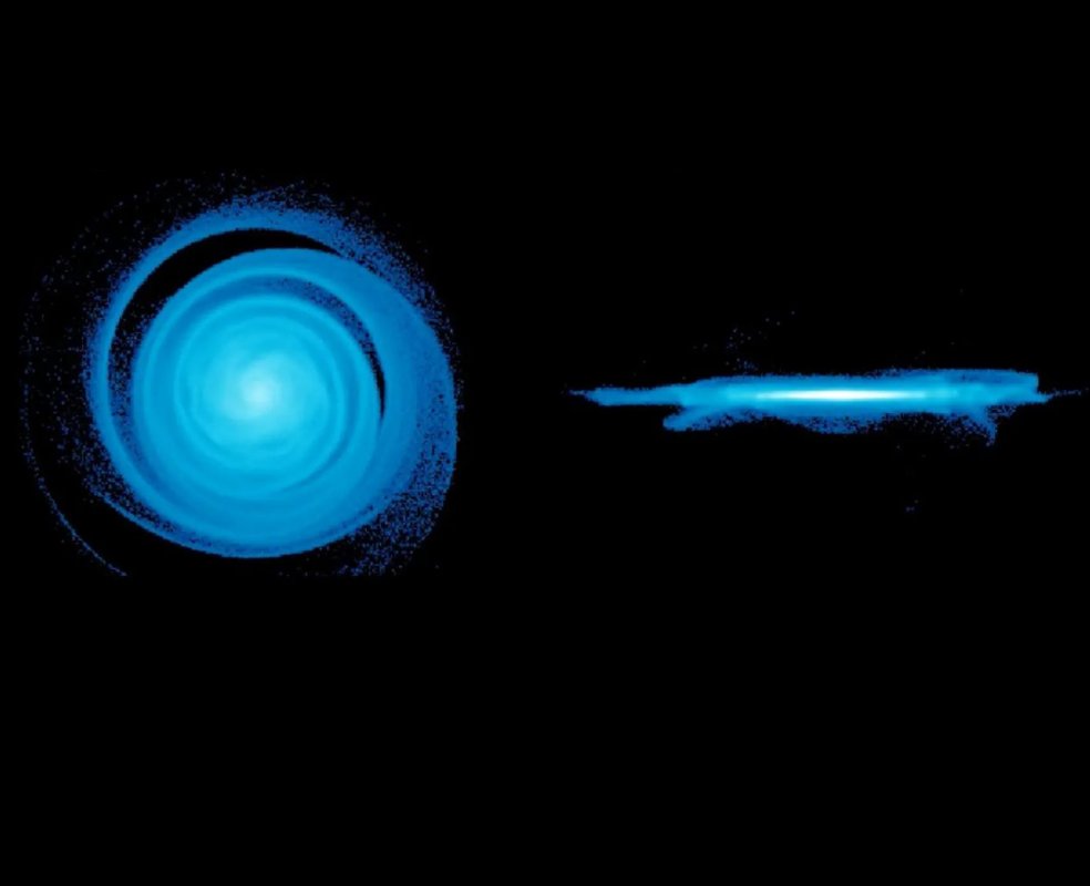 Ilustracja przedstawiająca zakłócenie dysku galaktycznego.