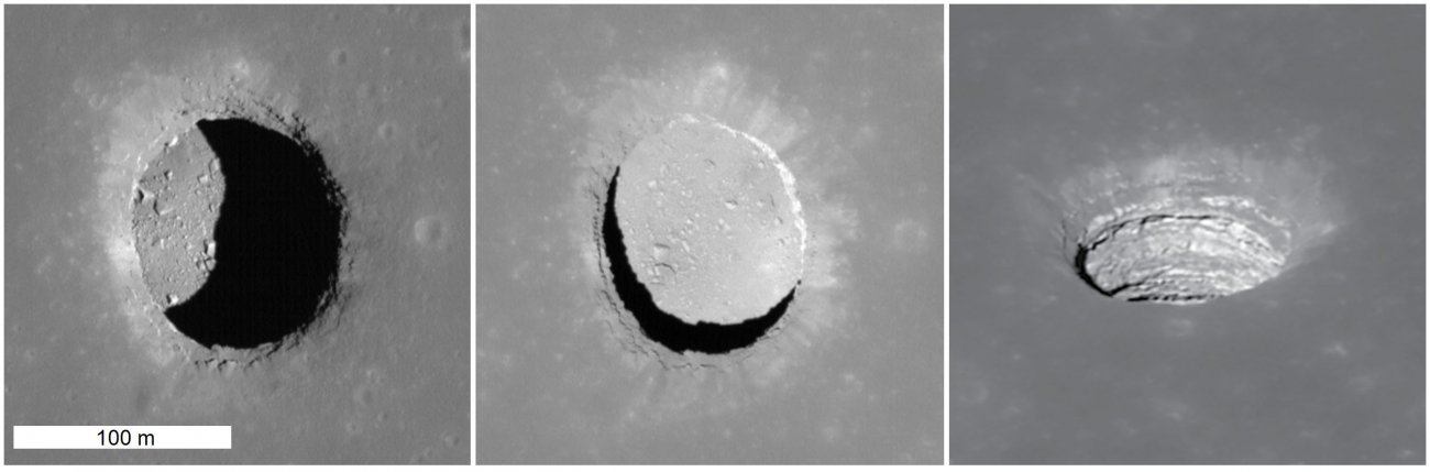 Na zdjęciu: Zawalisko na obszarze Morza Spokoju (Mare Tranquillitatis) uwiecznione pod różnymi kątami przez orbiter księżycowy LRO (Lunar Reconnaissance Orbiter) (NASAGSFCArizona State University)(1)