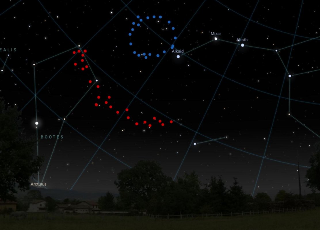 Wizja artystyczna, jak Wielki Pierścień (niebieskie kropki) i Gigantyczny Łuk (czerwone kropki) mógłby wyglądać na niebie (są obserwowalne tylko pośrednio w widmach kwazarów w liniach absorpcyjnych jonów magnezu Mg II). W tle obraz nocnego nieba wygenerowany przez Stellarium. Źródło: University of Central Lancashire