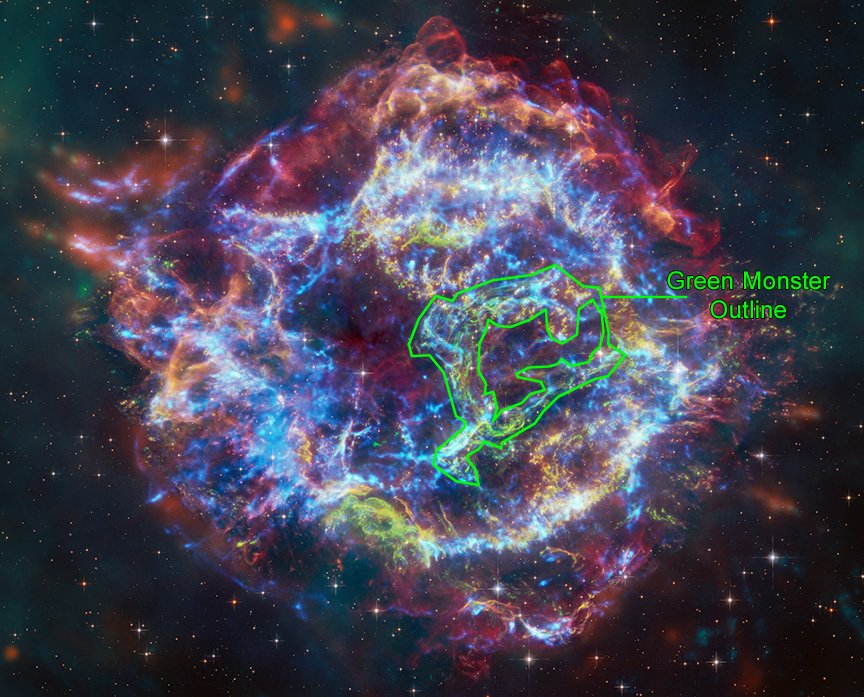 Obraz mgławicy Kasjopeja A w zakresie rentgenowskim, optycznym i podczerwieni - z zaznaczoną strukturą Zielonego Potwor (j.ang. „Green Monster”). Promieniowanie rentgenowskie, zaobserwowane przez satelitę Chandra, ma tutaj kolor niebieski. Dane w podczerwieni z Teleskopu Webba oznaczono kolorami czerwonym, zielonym i niebieskim. Zaś obraz z Teleskopu Hubble’a pokazuje mnogość gwiazd wypełniających pole widzenia. Źródło: X-ray: NASA/CXC/SAO; Image Processing: NASA/CXC/SAO/J. Schmidt and J. Major