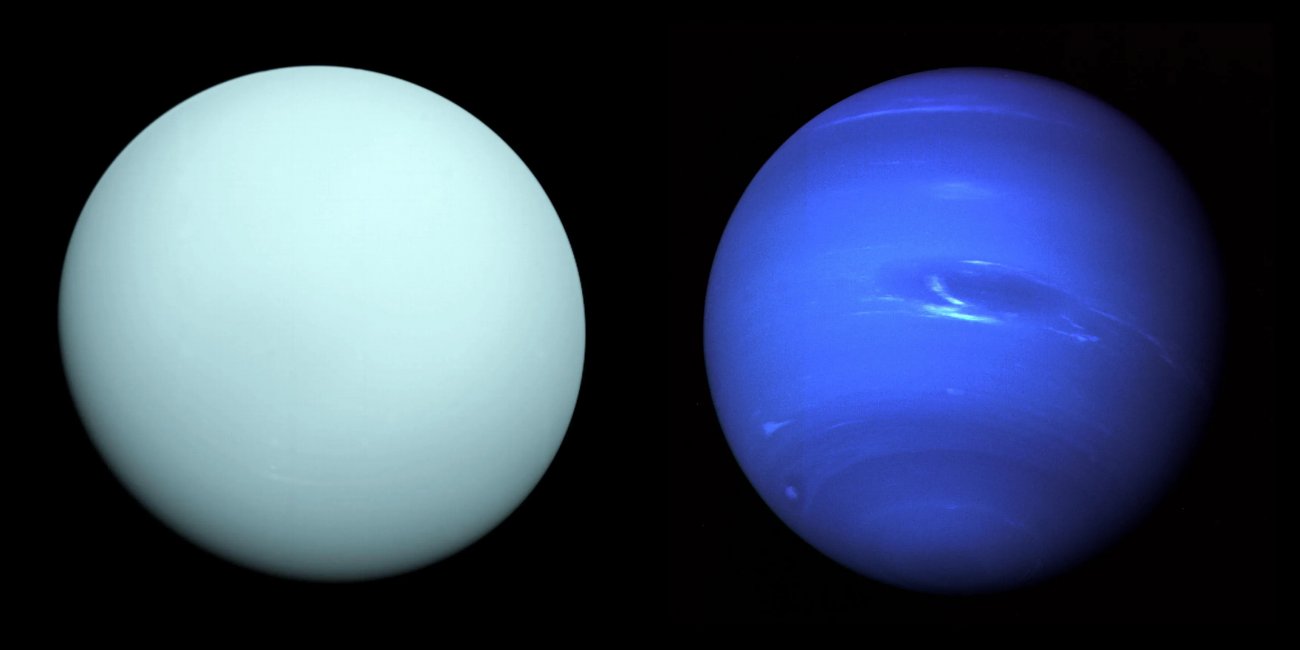 Uran (po lewej) i Neptun w starym odwzorowaniu kolorystycznym