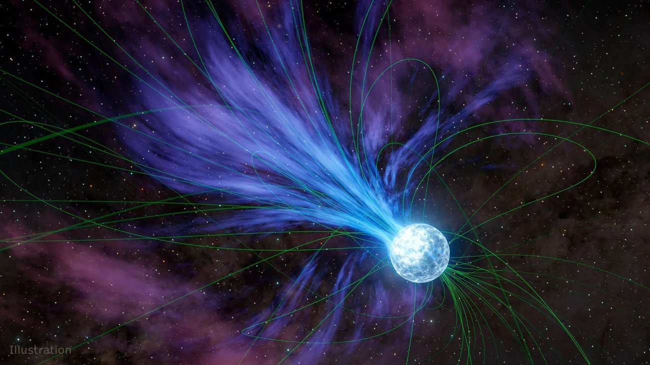 Na tej koncepcji artystycznej magnetar traci materię w przestrzeni kosmicznej w wyniku wyrzutu, który spowolniłby jego rotację.