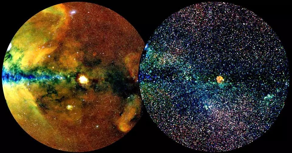 Sekcja nieba eRosita All-Sky Survey Catalog (eRASS1) w dwóch różnych reprezentacjach.
