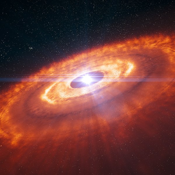Wizja artystyczna przedstawiająca młodą gwiazdę otoczoną dyskiem protoplanetarnym
