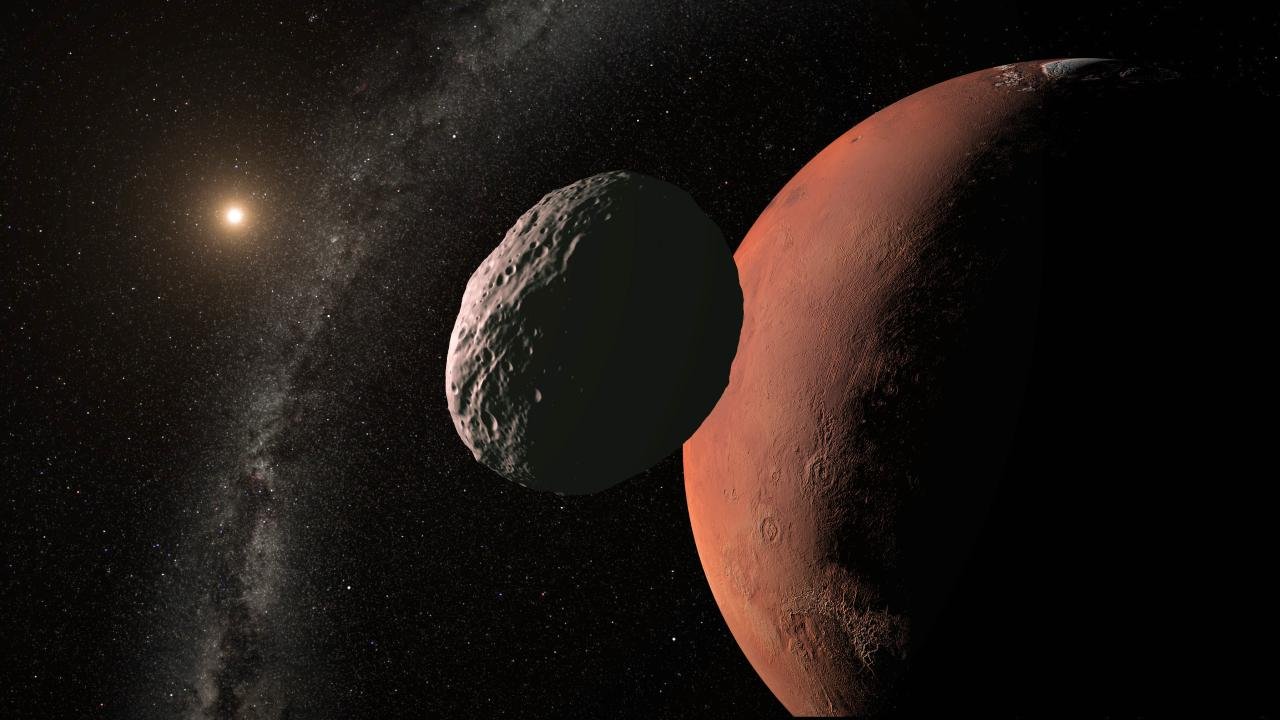 Wizja artystyczna planetoidy w pobliżu Marsa