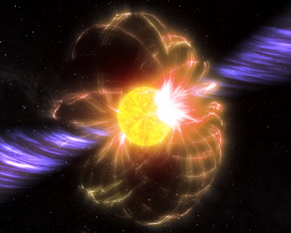 Wizja artystyczna magnetara z polem magnetycznym i potężnymi strumieniami.