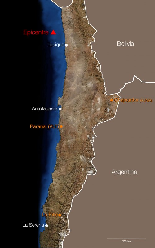 Mapa z położeniem obserwatoriów ESO w Chile