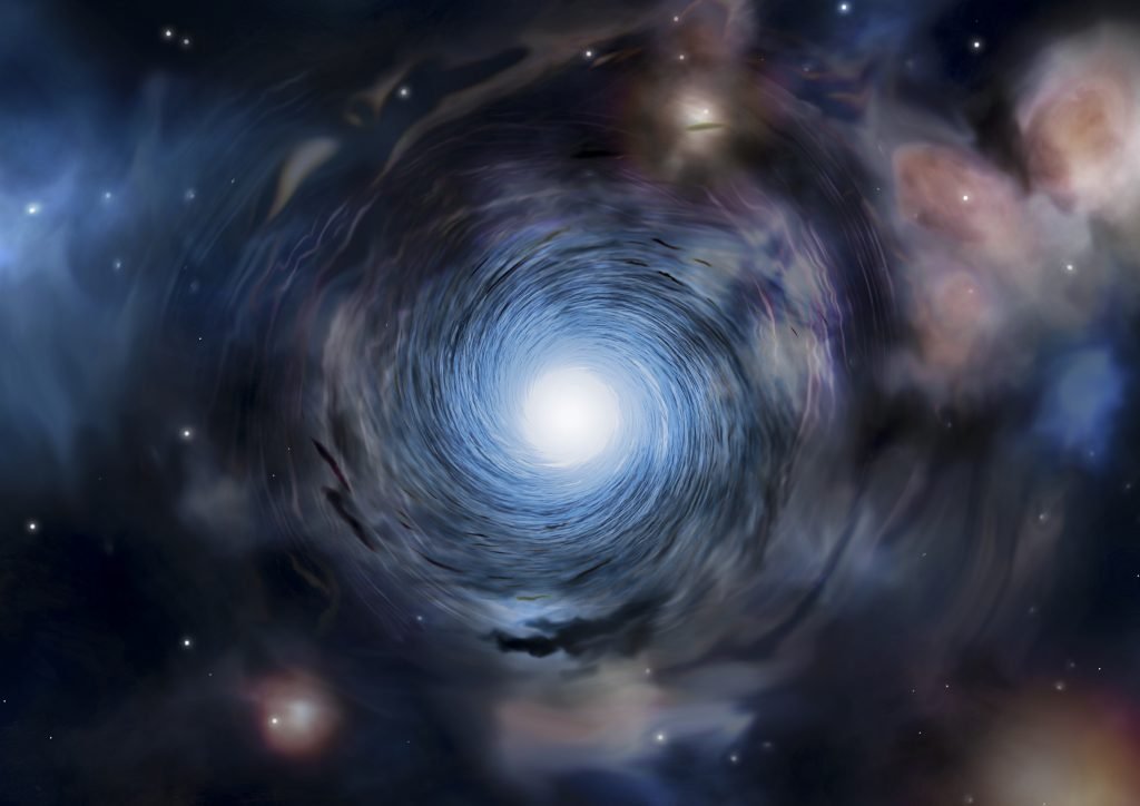 Wizja artystyczna rotującej galaktyki we wczesnym Wszechświecie. Źródło: Institute of Astronomy, Amanda Smith NRAO/AUI/NSF