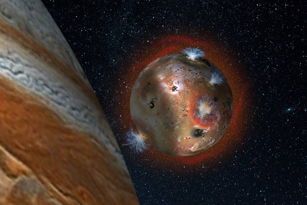Artystyczna wizja zmian atmosfery na Io (po prawej Jowisz rzucający cień na księżyc)