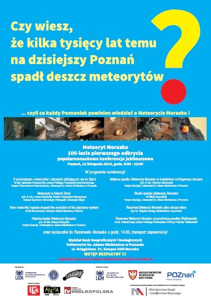 Plakat konferencji "Meteoryt Morasko – 100-lecie pierwszego odkrycia"
