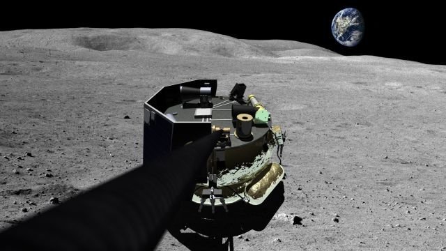 Wizja artystyczna lądownika Moon Express MX-1 na powierzchni Księżyca