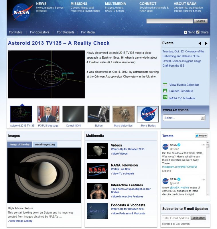 Aktualny wygląd witryny internetowej NASA