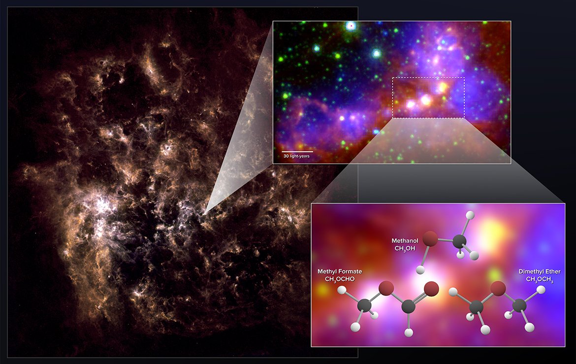Po lewej obraz w dalekiej podczerwieni pokazuje całą galaktykę LMC. Obraz powiększenia pokazuje region gwiazdotwórczy obserwowany przez ALMA. Jest to połączenie danych średniej podczerwieni z danych ze Spitzera i danymi w świetle widzialnym (H-alfa) z czterometrowego teleskopu Blanco.