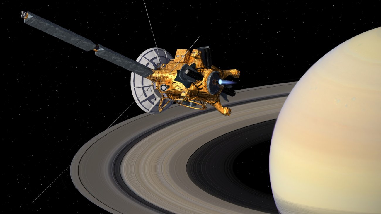 Artystyczna wizja sondy Cassini w pobliżu Saturna