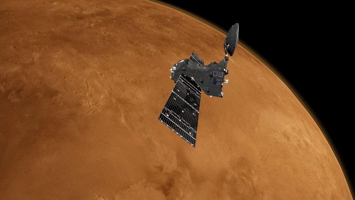 Artystyczna wizja sondy Trace Gas Orbiter (TGO) na orbicie wokół Marsa. Źródło: ESA/ATG medialab