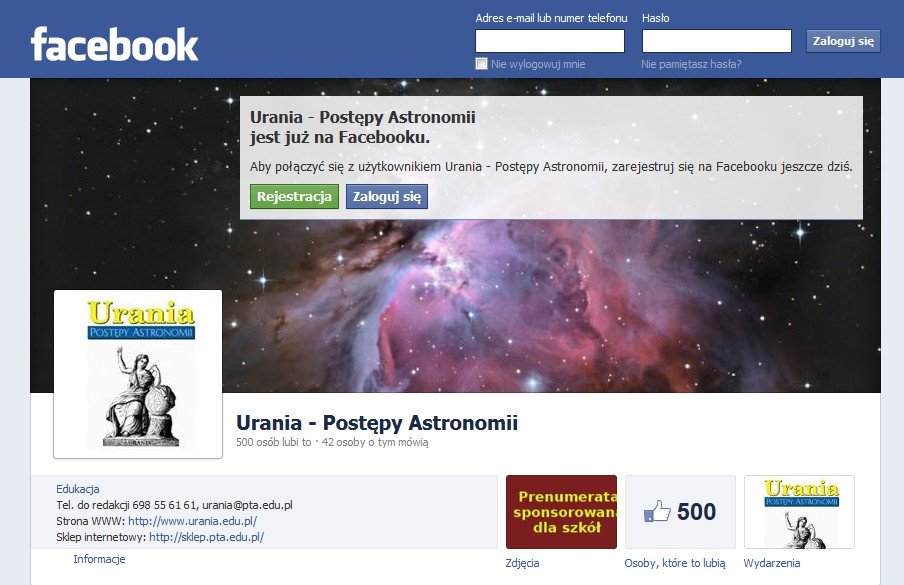 Fanpage Uranii w serwisie Facebook