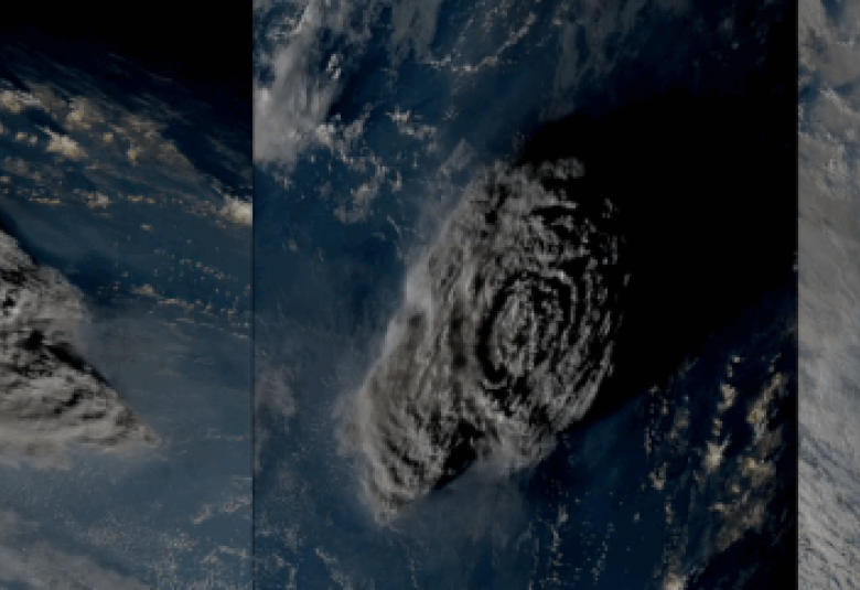 Trzy satelity meteorologiczne obserwowały w czasie rzeczywistym kataklizmiczną erupcję wulkanu, która rozerwała wyspę Hunga Tonga-Hunga Ha'apai na Pacyfiku. Źródło obrazu: Simon Proud