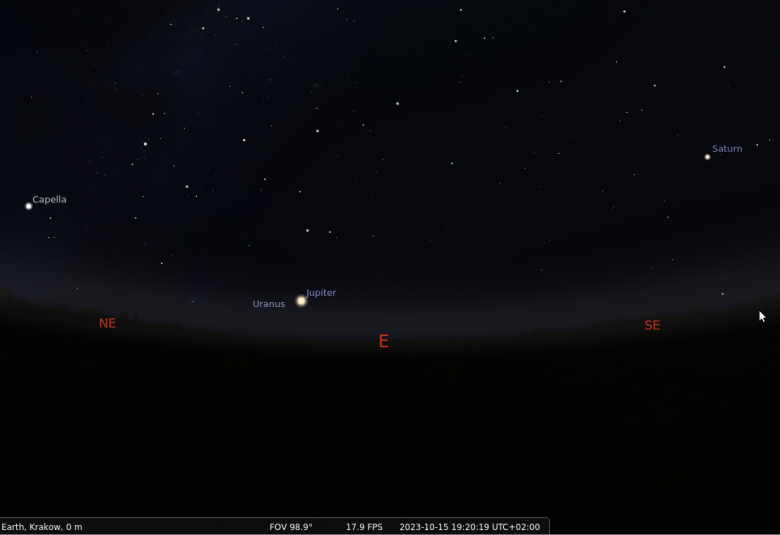 Na ilustracji: Wygląd październikowego nieba 2023 wieczorem w połowie miesiąca nad Małopolską. Źródło: Stellarium.org.