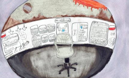 Rysunek „Widok ze statku kosmicznego POLIX” autorstwa Franciszka Rakowicza