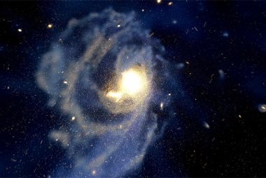 Komputerowa symulacja ukazująca formowanie się dużej galaktyki spiralnej podobnej do Drogi Mlecznej.