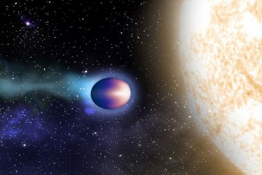 Gorący Jowisz wyciągnięty w kształt jajka pod wpływem silnej grawitacji gwiazdy macierzystej.